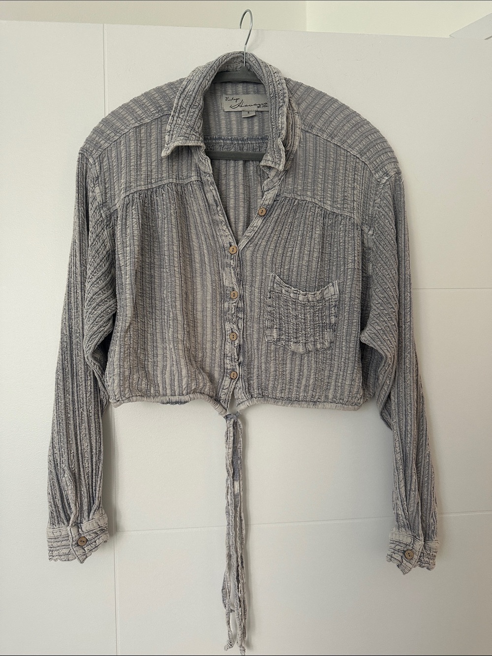 Vintage Havana Gray Striped Cropped Button-Down Tie Shirt